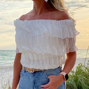 Off the shoulder white ruffle top!